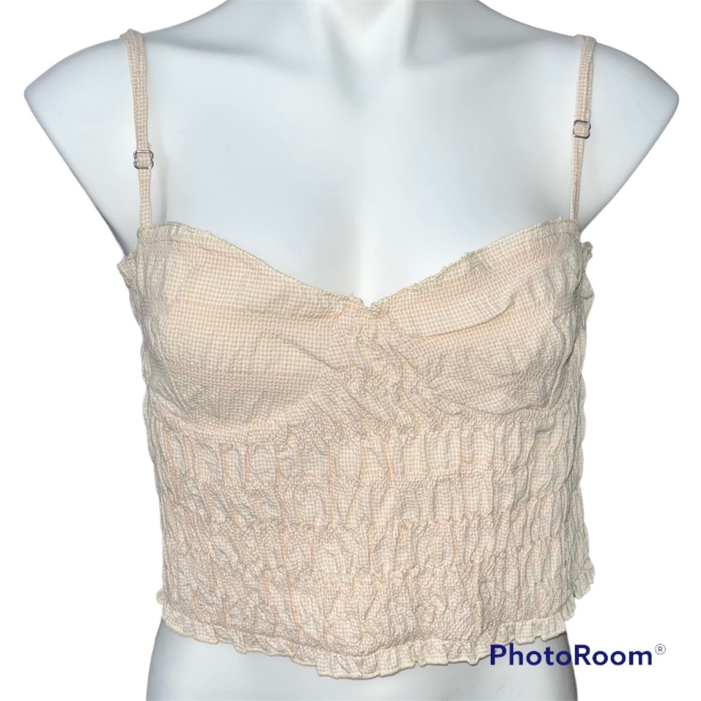 NWT Zara Pale Yellow Gingham Check Corset Style Cropped Tank Top Shirt - Size XL